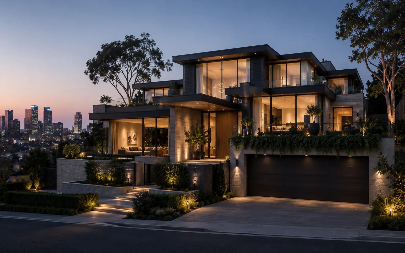 Contemporary luxury house with a broad terrace and infinity pool above a rocky coastline